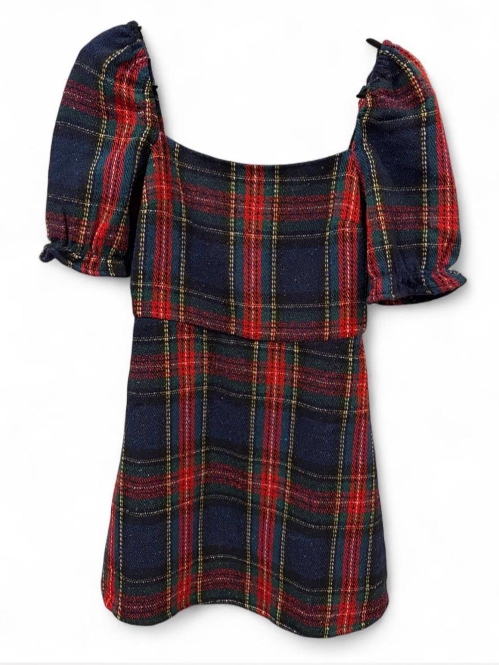 FORE Navy Blue and Red Plaid Puff-Sleeve Mini Dress